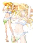  1girl ;d absurdres ahoge armpits arms_up bare_legs bikini blonde_hair blush breasts commentary commentary_request floating_hair flower full_body green_eyes groin hat hat_flower highres hoshii_miki idolmaster idolmaster_(classic) idolmaster_million_live! keeshu_050 large_breasts long_hair looking_at_viewer navel one_eye_closed partial_commentary sandals sarong simple_background smile stomach straight_hair straw_hat sunflower swimsuit toes very_long_hair white_background white_bikini zoom_layer 
