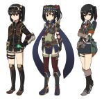  1girl alternate_costume armed_crossbow bamiko_(nanju_bami) black_hair brown_eyes brown_hair gloves green_jacket highres holster jacket monster_hunter_(series) multicolored_hair nanju_bami original shirt simple_background solo thigh_holster thighs twintails two-tone_hair white_background white_shirt 