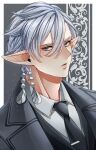  1boy black_necktie black_vest border braid commentary_request elezen elf feather_hair_ornament feathers final_fantasy final_fantasy_xiv formal_clothes grey_background grey_eyes grey_jacket hair_between_eyes hair_ornament jacket kuro11_222 looking_at_viewer looking_to_the_side male_focus necktie parted_lips pointy_ears portrait shirt short_hair side_braids solo vest warrior_of_light_(ff14) white_border white_hair white_shirt 