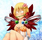  1girl alternate_color argyle_clothes argyle_dress bell blank_eyes blonde_hair blue_background blush breasts cleavage commentary_request detached_sleeves dress feet_out_of_frame flower flower_in_mouth fur_collar hair_bell hair_flower hair_ornament jingle_bell large_breasts meiko_(nattu303) open_mouth pink_flower ragnarok_online red_flower red_rose rose short_hair sitting solo sorcerer_(ragnarok_online) sparkle white_dress white_sleeves 