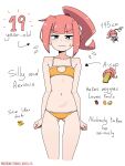  1girl arms_at_sides ass_visible_through_thighs bare_arms bare_legs bare_shoulders bikini blue_eyes blunt_bangs character_age cherry_(tobias_wheller) clenched_hands collarbone commentary english_commentary english_text flat_chest flying_sweatdrops height highres light_blush looking_at_viewer navel orange_bikini original pink_hair pointing_out_the_details ponytail simple_background solo stomach straight-on swimsuit tobias_wheller wavy_mouth white_background 