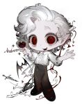  1boy alcohol animification astarion baldur&#039;s_gate baldur&#039;s_gate_3 bat_(animal) chibi cup curly_hair drinking_glass dungeons_&amp;_dragons fangs full_body heart highres holding holding_cup pants poet_shirt red_eyes shirt short_hair slit_pupils solo vampire vihua6 white_background white_hair white_shirt wine wine_glass 