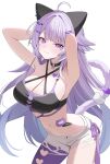  1girl :3 absurdres ahoge animal_ear_fluff animal_ear_headband animal_ears armpits arms_behind_head arms_up black_choker breasts camisole cat_ears cat_girl cat_tail choker cleavage closed_mouth clothing_cutout commentary criss-cross_halter crop_top halterneck heart_cutout highres hololive large_breasts long_hair looking_at_viewer messy_hair midriff nannung navel nekomata_okayu nekomata_okayu_(personya_respect) o-ring o-ring_top official_alternate_costume official_alternate_hairstyle purple_eyes purple_hair short_shorts shorts simple_background single_leg_pantyhose solo symbol-only_commentary tail torn_camisole torn_clothes torn_shorts very_long_hair virtual_youtuber white_shorts 