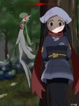  1girl akari_(pokemon) alpha_pokemon bob_cut colored_skin dress floating galaxy_expedition_team_survey_corps_uniform gardevoir glowing glowing_eyes green_hair green_skin hair_over_one_eye headscarf hiding highres inb795 multicolored_skin pokemon pokemon_(creature) pokemon_legends:_arceus red_eyes red_scarf scarf signature tears tree two-tone_skin white_dress white_headscarf white_skin 