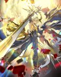  1boy alternate_form arm_up asymmetrical_wings black_bodysuit black_boots black_sleeves black_wings blurry bodysuit boots depth_of_field detached_sleeves english_commentary floating foreshortening from_below full_body grandaloe hair_between_eyes halo halo_behind_head highres holding holding_sword holding_weapon honkai:_star_rail honkai_(series) long_sleeves looking_at_viewer male_focus material_growth mismatched_wings parted_lips phainon_(honkai:_star_rail) short_hair single_detached_sleeve sky solo sword torn_bodysuit torn_clothes waist_cape weapon white_hair wings yellow_eyes yellow_sky yellow_wings 