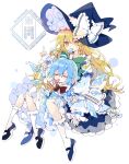  2girls absurdres arm_up black_dress black_hat black_shoes blonde_hair blue_bow blue_dress blue_hair blush bow bowtie braid cirno closed_eyes commentary dress food food_in_mouth frilled_bow frilled_socks frills full_body green_bow hair_between_eyes hair_bow hat hat_bow highres ice ice_wings index_finger_raised kirisame_marisa long_hair long_sleeves mary_janes multiple_girls nikorashi-ka popsicle red_bow red_bowtie shoes short_hair simple_background single_braid sleeve_bow socks touhou v-shaped_eyebrows watermark white_background white_bow white_socks wings witch_hat yellow_eyes 