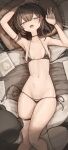  1girl aqua_eyes bed bikini black_bikini black_choker black_hair blush bracelet breasts choker genek highres jewelry navel open_mouth original short_hair side-tie_bikini_bottom small_breasts stuffed_animal stuffed_toy swimsuit teddy_bear thigh_strap 