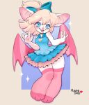 2025 4_fingers absurd_res anthro bat blonde_hair blue_clothing blue_dress blue_eyes blue_ribbon breasts clothing digital_media_(artwork) dress female fingers hair hi_res looking_at_viewer mammal membrane_(anatomy) membranous_wings mousedoll open_mouth smile solo standing wings 