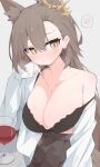  1girl absurdres alcohol animal_ear_fluff animal_ears arknights black_bra black_skirt blush bra breasts brown_hair cleavage closed_mouth collarbone commentary cup drink drinking_glass grey_background hair_behind_ear hair_between_eyes highres large_breasts long_hair mole mole_above_eye penance_(arknights) pleated_skirt shirt simple_background skirt solo spoken_blush sweat underwear white_shirt wine wine_glass yellow_eyes yuuko_(oruta) 
