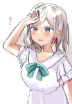  1girl absurdres aqua_ribbon arm_up blue_eyes blush breasts ceras_yanagida_lilienfeld ceras_yanagida_lilienfeld_(izayoi_selene_casual) cleavage collarbone collared_dress dress dress_ribbon frilled_sleeves frills grey_hair hair_ribbon highres hisho_(rythm_hisho) hot large_breasts link!_like!_love_live! love_live! official_alternate_costume parted_lips pink_ribbon ribbon short_sleeves simple_background solo sweat translation_request upper_body virtual_youtuber white_background white_dress 
