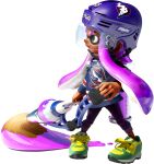  1girl 3d blue_shirt brown_eyes eye_mask full_body gradient_hair green_shoes helmet hockey_helmet holding holding_weapon ink_tank_(splatoon) inkbrush_(splatoon) inkling inkling_girl inkling_player_character kelpshot_(splatoon) long_hair long_sleeves looking_ahead multicolored_hair official_art pants pink_hair purple_helmet purple_pants shirt shoes short_eyebrows short_hair_with_long_locks sidelocks smile sneakers solo splatoon_(series) splatoon_2 spotted_hair standing suction_cups tan tentacle_hair thick_eyebrows transparent_background two-tone_hair v-shaped_eyebrows weapon 