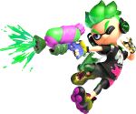  1boy 3d absurdres aiming bike_shorts black_shirt blue_eyes closed_mouth cuttlefrsh_(splatoon) dynamic_pose eye_mask fingerless_gloves full_body gloves gradient_hair green_hair headphones highres holding holding_weapon ink_tank_(splatoon) inkling inkling_boy inkling_player_character looking_to_the_side multicolored_hair official_art one_eye_closed shirt shoelaces shoes short_sleeves sneakers solo splatoon_(series) splatoon_2 splattershot_(splatoon) spotted_hair t-shirt tentacle_hair thick_eyebrows transparent_background two-tone_hair v-shaped_eyebrows weapon yellow_shoes 