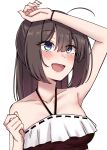  1girl absurdres akizuki_(kancolle) arm_up bare_shoulders bikini black_hair blue_eyes blush breasts commentary_request frilled_bikini frills hair_between_eyes halterneck highres kantai_collection kiritto long_hair medium_breasts open_mouth ponytail simple_background solo swimsuit upper_body white_background 