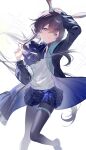  1girl absurdres amiya_(arknights) animal_ears arknights arm_up ascot black_coat black_pantyhose blue_eyes brown_hair closed_mouth coat commentary_request english_commentary hair_between_eyes highres jewelry knees_together_feet_apart long_hair long_sleeves looking_at_viewer miniskirt mixed-language_commentary multiple_rings open_clothes open_coat pantyhose plaid_clothes plaid_skirt pleated_skirt purple_ascot purple_coat purple_skirt ring skirt smile solo sparkle standing sweater two-sided_coat two-sided_fabric very_long_hair white_background white_sweater xianyusixu 
