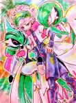  1boy armor bede_(pokemon) bede_(sygna_suit)_(pokemon) bob_cut colored_skin eyewear_on_head gardevoir green-tinted_eyewear green_hair green_skin iron_valiant jacket katathumuri low_twintails multicolored_skin pink_eyes pokemon pokemon_(creature) pokemon_masters_ex robot tinted_eyewear twintails two-tone_skin waist_cape white_armor white_skin 