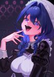  1girl absurdres apron black_dress blue_eyes blue_hair braid dopeybunni dress hair_intakes hat highres hololive hololive_english long_hair low_twin_braids maid_apron mob_cap official_alternate_costume official_alternate_hairstyle open_mouth ouro_kronii ouro_kronii_(maid) red_pupils solo teeth twin_braids virtual_youtuber white_apron 