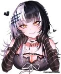  1girl ariga_000 arm_strap black_arm_warmers black_choker black_dress black_hair black_nails breasts choker cleavage closed_mouth dress heart highres hololive hololive_english large_breasts long_hair looking_at_viewer multicolored_hair ribbon shiori_novella shiori_novella_(1st_costume) smile solo split-color_hair striped_arm_warmers twitter_username two-tone_hair virtual_youtuber white_background white_hair white_ribbon yellow_eyes 