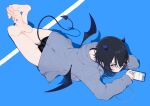  1girl ass bare_legs barefoot bikini bikini_under_clothes black_bikini black_hair black_tail blue_background blue_horns blue_nails blush bright_pupils cellphone closed_mouth commentary demon_horns demon_tail demon_wings earbuds earphones feet full_body grey_jacket hair_between_eyes highres horns ichinose_uruha jacket legs long_sleeves lying multicolored_hair nail_polish niboshidrip no_pants on_ground on_stomach open_clothes open_jacket phone poolside purple_eyes shadow simple_background smartphone soles solo streaked_hair swimsuit tail the_pose toenail_polish toenails toes virtual_youtuber vspo! white_pupils wings 