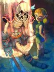  1girl absurdres arms_behind_back blonde_hair blue_eyes boots brown_boots commentary_request fado_(ocarina_of_time) fairy highres kokiri nasagina navi on_grass pointy_ears skeleton solo stalfos standing the_legend_of_zelda the_legend_of_zelda:_ocarina_of_time 