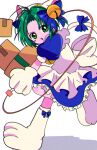  1girl animal_hat apron bell blue_dress blush_stickers box cable cat_hat chromatic_aberration commentary dejiko di_gi_charat dot_nose dress green_eyes green_hair hat highres holding holding_box jingle_bell looking_at_viewer minini_(@mofumofu_alien) mittens open_mouth puffy_short_sleeves puffy_sleeves short_hair short_sleeves simple_background solo walking white_apron white_background white_mittens 
