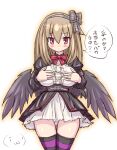  1girl ass_visible_through_thighs black_dress black_wings blonde_hair breasts breasts_day dark_feather_alma dress emil_chronicle_online hair_ribbon hairband hand_on_own_chest highres large_breasts looking_at_viewer miniskirt panties plump purple_thighhighs red_eyes ribbon serizawa_(knight2020) skirt speech_bubble striped_clothes striped_thighhighs thighhighs thighs underwear white_background white_panties wings 