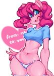 2025 anthro anthrofied belly blue_eyes camel_toe clothing dialogue digital_media_(artwork) english_text equid equine erect_nipples female fingers friendship_is_magic genital_outline hasbro looking_at_viewer mammal my_little_pony navel nipples open_mouth pinkie_pie_(mlp) simple_background solo text tolsticot vulva_outline white_background