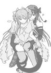 2girls akemi_homura akuma_homura argyle_clothes argyle_thighhighs black_hair black_sleeves blush breasts detached_sleeves dress greyscale heart highres kaname_madoka large_breasts limited_palette lizard_tail long_hair looking_at_viewer looking_to_the_side mahou_shoujo_madoka_magica monochrome multiple_girls rawonireng simple_background sitting sitting_on_lap sitting_on_person smile tail tail_around_another&#039;s_leg tail_wrap ultimate_madoka white_background yuri 