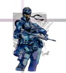  1boy assault_rifle bandana belt brown_hair bullpup commentary english_commentary famas from_below gun h&amp;k_mark_23 handgun headband highres holding holding_gun holding_weapon holster looking_to_the_side metal_gear_(series) metal_gear_solid night_vision_device official_art rifle rocket_launcher shinkawa_youji short_hair sneaking_suit solid_snake thigh_holster third-party_source utility_belt weapon weapon_on_back 