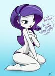  2013 blue_eyes breasts cleavage clothed clothing covering dialog english_text equestria_girls female hair human mammal my_little_pony panties purple_hair rarity_(eg) solo text theoretical-chaos topless underwear 