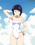  1girl arms_up audio_jack bare_arms bare_legs bare_shoulders black_eyes blunt_bangs boku_no_hero_academia breasts cloud commission covered_navel earplugs hand_on_own_head hand_on_own_hip highleg highleg_leotard highres jiro_kyoka leotard long_earlobes looking_up purple_hair short_hair simple_background solo standing strapless strapless_leotard user_hmwg7288 white_leotard 