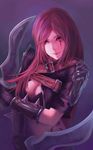  absurdres armor black_gloves blue_eyes breasts bzerox cleavage dagger dual_wielding gloves highres holding katarina_du_couteau league_of_legends lips long_hair medium_breasts midriff pink_hair scar smile solo tattoo upper_body weapon 