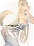  1girl absurdres animal_ears bare_shoulders blonde_hair blue_eyes blunt_bangs blush bra ecomoesty frilled_bra frills highres kneeling long_hair looking_at_viewer mechabare original tail thighhighs underwear white_bra white_thighhighs wolf_ears wolf_tail 