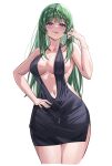  1girl absurdres black_dress blush breasts cleavage closed_mouth commission cowboy_shot cropped_legs curvy dress evening_gown green_hair hair_over_shoulder hand_on_own_hip hand_up highres large_breasts long_hair long_sidelocks looking_at_viewer navel no_bra original purple_eyes see-through_silhouette shiny_skin short_dress sideless_dress sidelocks simple_background skeb_commission solo standing thigh_gap tongue tongue_out uyufuzi_s white_background 
