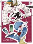  alternate_color blue_hair blue_skin blush braided_twintails clothed_pokemon colored_skin drink gardevoir hair_over_one_eye heart highres holding holding_tray inb795 looking_at_viewer maid_headdress multicolored_skin pheromosa pokemon pokemon_(creature) purple_eyes red_eyes shiny_pokemon signature smile tray two-tone_skin white_skin 