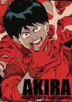  1boy akira_(manga) artist_name black_eyes black_hair cigarette commentary_request copyright_name english_text finger_in_own_mouth gloves holding holding_cigarette jacket kaneda_shoutarou_(akira) looking_at_viewer male_focus mouth_pull open_mouth red_gloves red_jacket red_theme sameyama_jiro short_hair sleeves_pushed_up smile smoke smoke_trail solo swept_bangs teeth upper_body 