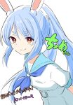  1girl animal_ear_fluff animal_ears blue_hair blue_neckerchief blue_sailor_collar blush closed_mouth commentary_request don-chan_(usada_pekora) dress highres hololive kiritoma long_hair neckerchief ponytail puffy_short_sleeves puffy_sleeves rabbit-shaped_pupils rabbit_ears red_eyes sailor_collar sailor_dress short_eyebrows short_sleeves signature simple_background smile solo symbol-shaped_pupils thick_eyebrows translation_request usada_pekora usada_pekora_(casual) very_long_hair virtual_youtuber white_background white_dress 