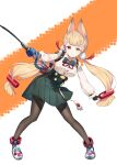  1girl absurdres alice_thymefield animal_ears beads black_bow black_bowtie black_gloves blonde_hair boots border bow bowtie braid breasts brown_pantyhose buttons closed_mouth collared_shirt fingerless_gloves full_body gloves green_skirt hair_beads hair_ornament highres holding holding_sword holding_weapon keiki8296 large_breasts long_hair long_sleeves looking_at_viewer low-tied_long_hair low_twintails neck_ribbon orange_border outside_border pantyhose pleated_skirt puffy_long_sleeves puffy_sleeves rapier red_eyes red_ribbon ribbon shirt simple_background skirt solo standing sword twintails weapon white_background white_boots white_shirt zenless_zone_zero 