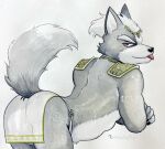 anthro balls barely_visible_balls barely_visible_genitalia bent_over blep bottomwear butt canid canine canis clothed clothing fur genitals grey_body grey_fur hi_res loincloth male mammal nintendo skimpy smile solo star_fox tongue tongue_out ulala_ko wolf wolf_o&#039;donnell