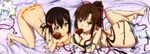  absurdres barefoot bed_sheet black_hair bra breasts brown_eyes brown_hair chocolate chocolate_heart cleavage downblouse green_eyes hair_ornament hair_ribbon hairclip heart highres himeragi_yukina incredibly_absurdres kirasaka_sayaka long_image lying medium_breasts megami mouth_hold multiple_girls non-web_source official_art on_side ooba_sae panties ponytail ribbon scan side-tie_panties small_breasts stick_poster strap_slip strike_the_blood toenail_polish top-down_bottom-up underwear underwear_only 