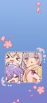  4girls ahoge biscotti_(vtuber) blonde_hair brown_eyes brown_hair cherry_blossoms chibi chibi_only face_squeeze fang flower grey_hair hakamii highres horse_girl kou_mariya long_hair looking_at_viewer mole mole_under_eye mono_monet multicolored_hair multiple_girls open_mouth pink_hair pink_streaks pointy_ears purple_eyes purple_hair red_hair skin_fang smile squeezing_cheeks streaked_hair v4mirai virtual_youtuber white_hair yae_yugiri yellow_eyes 