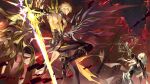  2boys absurdres alternate_form anaxa_(honkai:_star_rail) aqua_eyes aqua_hair asymmetrical_wings battle black_capelet black_shirt black_wings blonde_hair capelet chinese_commentary commentary_request cracked_skin eyepatch hair_between_eyes halo halo_behind_head highres holding holding_sword holding_weapon honkai:_star_rail honkai_(series) male_focus material_growth miemiebei multiple_boys phainon_(honkai:_star_rail) shirt short_hair sword torn_clothes torn_shirt weapon wings yellow_blood yellow_eyes yellow_wings 
