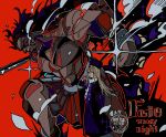  1boy 1girl armlet armor artist_name black_hair black_sclera blonde_hair capelet coat colored_sclera copyright_name dark-skinned_male dark_skin fate/stay_night fate_(series) hair_between_eyes hat heracles_(fate) highres holding illyasviel_von_einzbern ima_mo_nao_kangaechuu jewelry long_hair muscular nameless_axe-sword_(fate) open_mouth purple_capelet purple_coat red_background red_eyes scarf sidelocks smile smoke sparkle_background sword watermark weapon white_scarf 