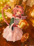  1girl :d absurdres animal_ears arknights black_shoes blue_bow bow chenfusama chinese_commentary christmas christmas_present commentary_request detached_sleeves dress embers fireplace footwear_bow full_body fur-trimmed_sleeves fur_trim gift goldenglow_(arknights) goldenglow_(maiden_for_the_bright_night)_(arknights) green_bow green_hairband green_sleeves hair_ornament hairband highres indoors infection_monitor_(arknights) kneehighs lens_flare light_particles long_sleeves looking_at_viewer medium_hair official_alternate_costume open_mouth phonograph pinafore_dress pink_hair pink_tail pom_pom_(clothes) red_bow red_hairband red_sweater see-through_clothes see-through_dress shoes sleeveless sleeveless_dress smile socks solo standing sweater tail tail_bow tail_ornament tail_raised vinyl_record white_dress white_socks white_wings wings wooden_floor yellow_bow yellow_eyes 