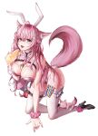  1girl absurdres animal_ears ankle_ribbon antenna_hair aqua_eyes bare_shoulders belt between_breasts black_belt black_choker blush bottle braid braided_bun breasts chest_belt choker cleavage commentary crown_braid double_bun fang fingernails food food_on_body food_on_breasts food_on_face hair_between_eyes hair_bun hair_ornament hair_ribbon hakui_koyori heart heart_choker high_heels highres holding holding_bottle hololive kneeling kokoro_(hakui_koyori) large_breasts leg_ribbon leotard long_hair looking_at_viewer mayonnaise_bottle multicolored_eyes nail_polish necktie necktie_between_breasts open_mouth pink_eyes pink_hair pink_leotard pink_nails pink_necktie pink_ribbon pink_scrunchie pink_tail playboy_bunny pocket_watch purple_eyes que1538 rabbit_ears rabbit_tail ribbon scrunchie shoes simple_background solo tail test_tube thighhighs thighs tongue tongue_out two-tone_eyes virtual_youtuber watch white_background white_thighhighs wolf_ears wolf_girl wolf_tail wrist_scrunchie 