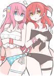  2girls black_bra black_panties blue_panties bocchi_the_rock! bra bracelet breasts cube_hair_ornament gotoh_hitori hair_ornament highres jewelry kita_ikuyo long_hair medium_breasts midriff multiple_girls panties pink_hair red_hair thigh_strap underwear 