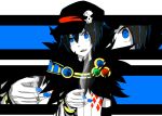  1boy argyle_clothes argyle_shirt black_hair black_hat blue_eyes blue_nails cigarette commentary_request fingernails fur_collar hair_between_eyes hat hat_ornament high_contrast holding holding_cigarette looking_at_viewer male_focus meiko_(nattu303) newsboy_cap open_mouth ragnarok_online shirt short_hair skull_hat_ornament solo sorcerer_(ragnarok_online) upper_body white_shirt zoom_layer 