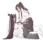  1010923 2boys bare_pectorals bare_shoulders bishounen black_hair black_hanfu blush brown_hair chinese_clothes clothes_down collarbone grey_eyes hair_ribbon hand_on_another&#039;s_shoulder hanfu headband high_ponytail implied_sex lan_wangji long_hair looking_at_another male_focus modao_zushi multiple_boys nipples off_shoulder open_clothes open_robe parted_lips partially_undressed pectorals ponytail red_ribbon ribbon robe robe_partially_removed scar scar_on_back sex sidelocks simple_background sitting sitting_on_lap sitting_on_person sketch smile straddling topknot topless_male twitter_username upright_straddle watermark wei_wuxian white_background white_hanfu white_headband yaoi 
