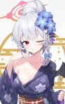  1girl ;d absurdres black_kimono black_sash blue_archive blue_bow blue_flower blush bow braid breasts cherry_blossom_print chinese_commentary cleavage collarbone commentary_request english_commentary eyelashes floral_print floral_print_kimono flower grey_hair grin hair_between_eyes hair_bow hair_bun hair_flower hair_ornament halo hand_up haruna_(blue_archive) haruna_(new_year)_(blue_archive) highres japanese_clothes kanzashi kimono large_breasts lcz long_sleeves looking_at_viewer medium_hair mixed-language_commentary nengajou new_year no_bra official_alternate_costume official_alternate_hairstyle one_eye_closed print_kimono red_eyes red_halo sash simple_background single_bare_shoulder single_braid single_hair_bun smile solo tsurime upper_body white_background white_flower wide_sleeves x_hair_ornament 