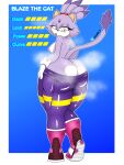 3:4 absurd_res anthro big_butt blaze_the_cat bodily_fluids bodysuit breasts butt butt_cleavage clothing exposed_breasts felid feline female glistening glistening_clothing hi_res longbit_0 looking_at_own_butt mammal musk musk_clouds sega skinsuit solo sonic_the_hedgehog_(series) sweat sweaty_butt tight_clothing undressing wide_hips yellow_eyes