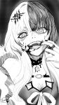  1girl choker diamon_(diamonmurly) dress greyscale highres hololive hololive_english ink_on_face jewelry long_hair looking_at_viewer monochrome multicolored_hair open_mouth ribbon ring shiori_novella shiori_novella_(1st_costume) solo split-color_hair teeth virtual_youtuber 